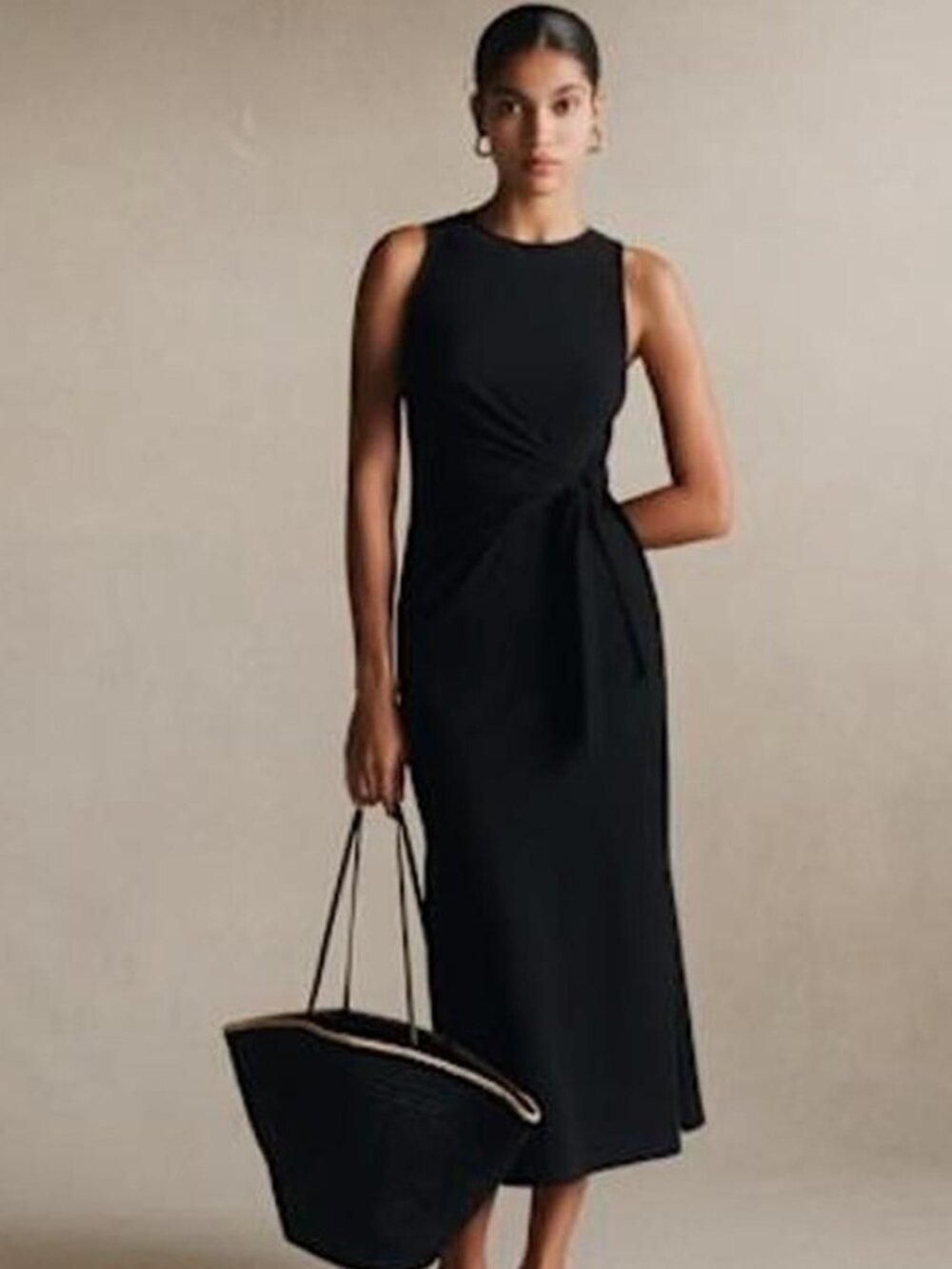 Sézane Pippaé Black Sleeveless Organic Cotton Midi Dress with Side Tie Size XS